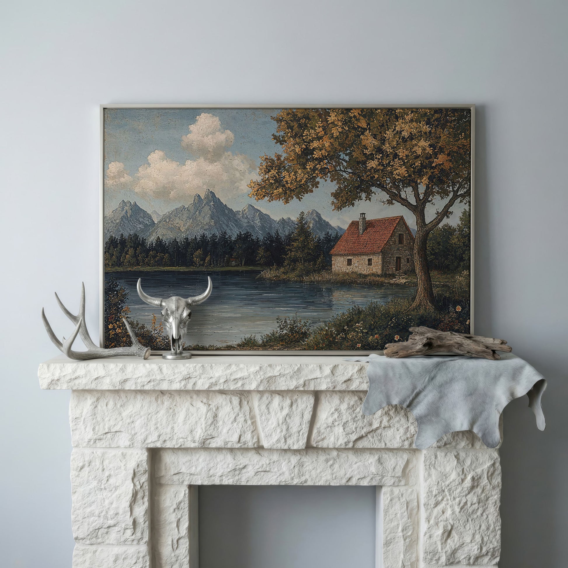 Mountain Lakeside Cottage Canvas in silver floating frame