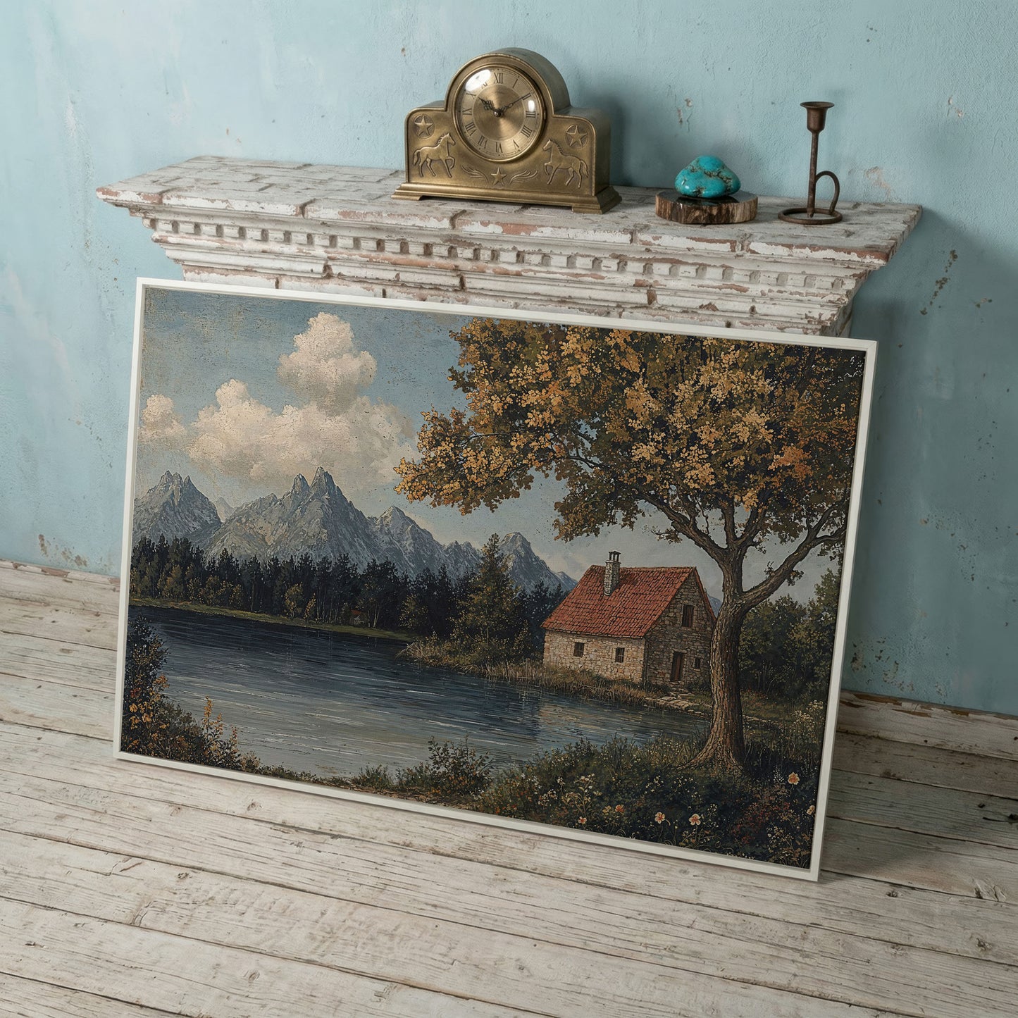 Mountain Lakeside Cottage Canvas in white floating frame