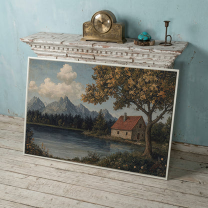 Mountain Lakeside Cottage Canvas in white floating frame