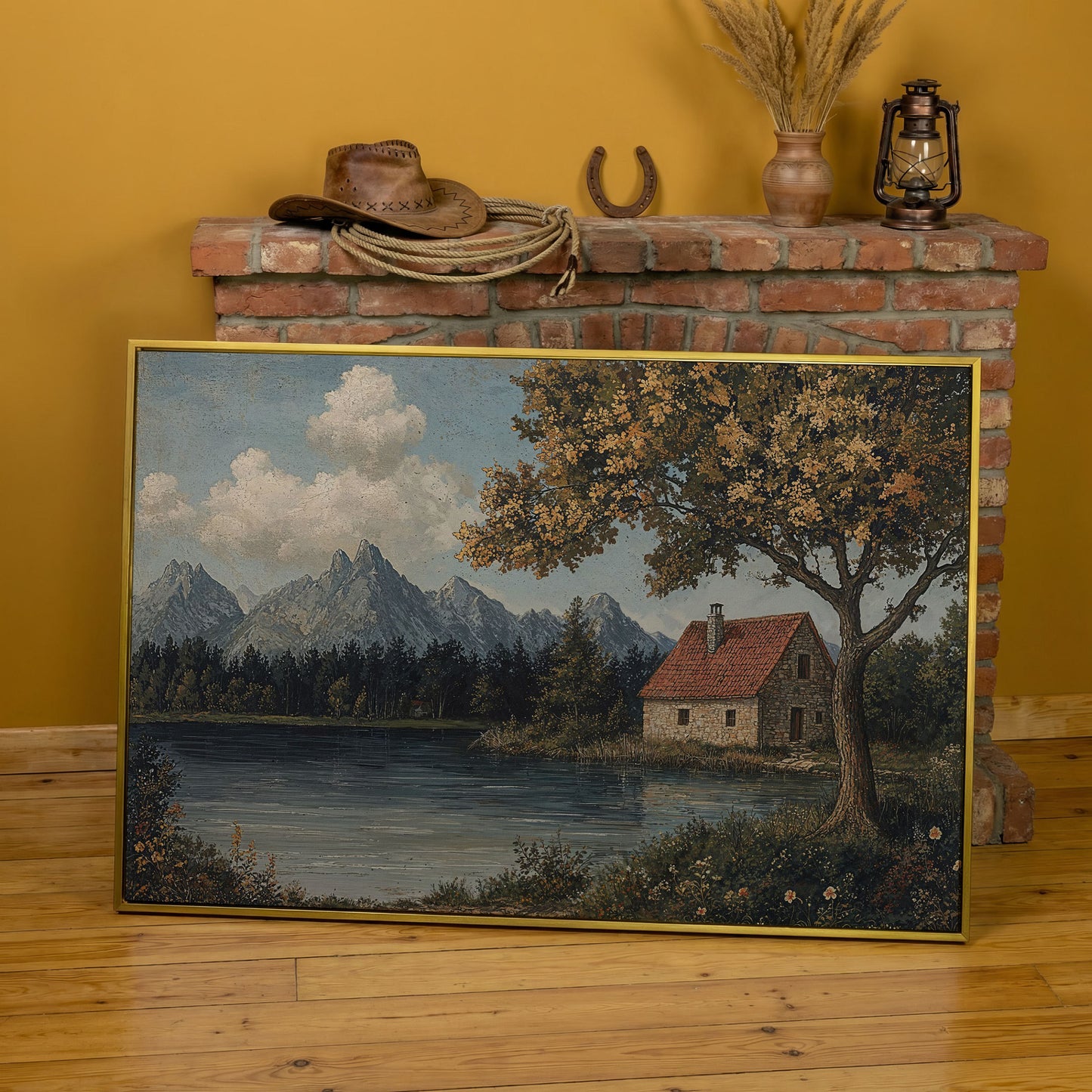 Mountain Lakeside Cottage Canvas in yellow gold floating frame