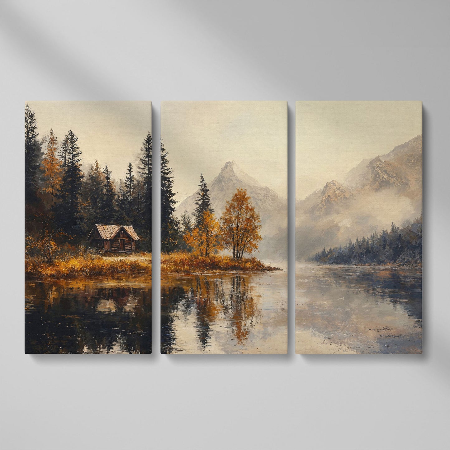 Autumn Lake with Mountain Vista Canvas as 3-panel split version