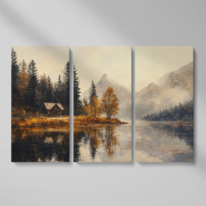 Autumn Lake with Mountain Vista Canvas as 3-panel split version