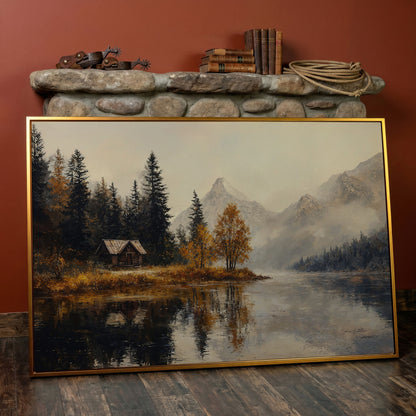 Autumn Lake with Mountain Vista Canvas in antique gold floating frame