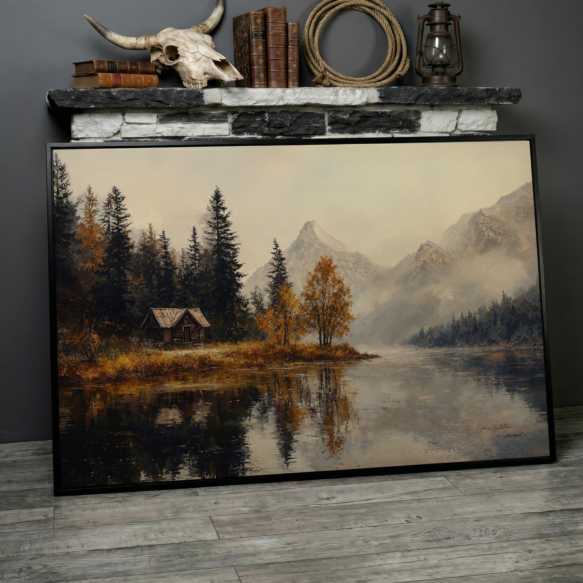 Autumn Lake with Mountain Vista Canvas in black floating frame