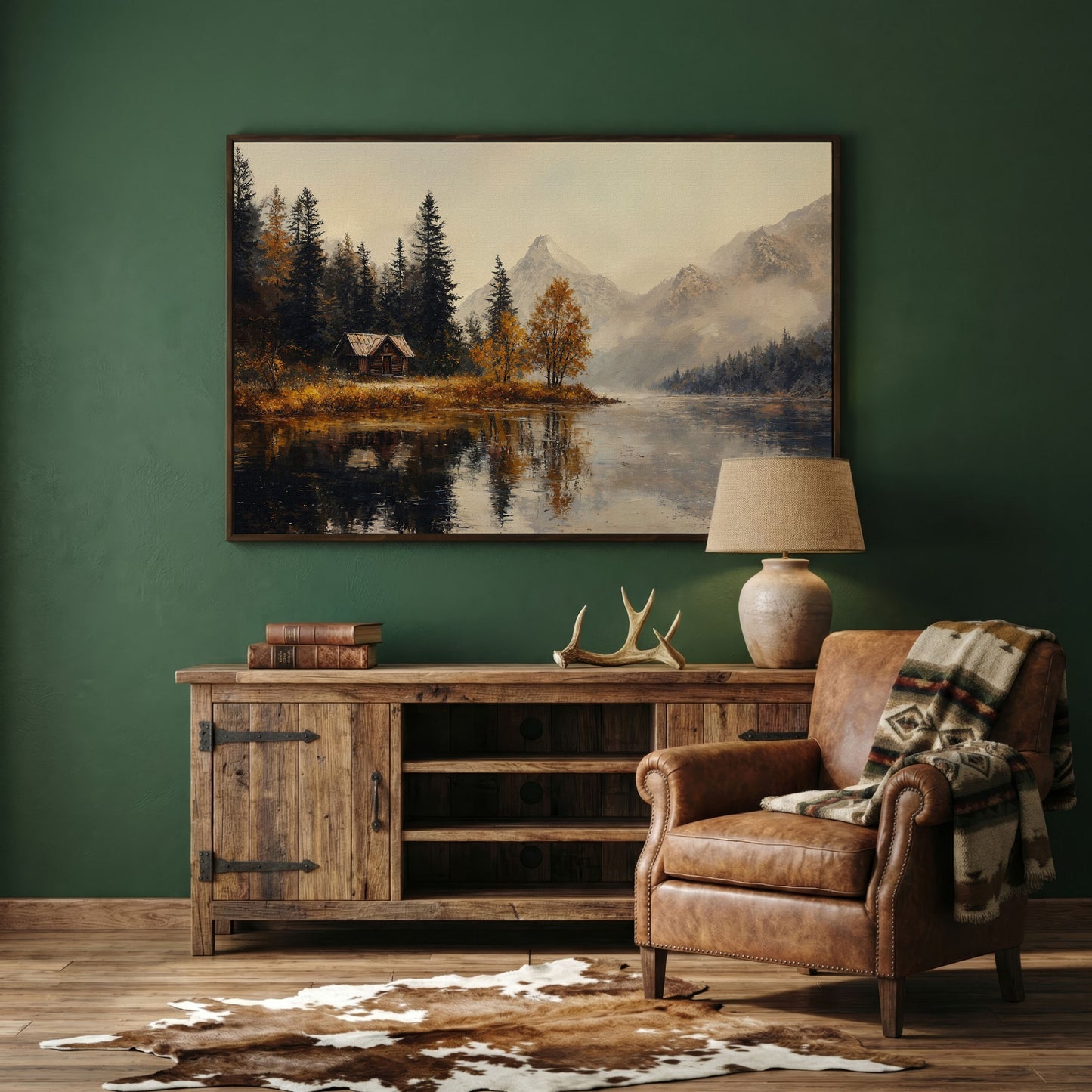 Autumn Lake with Mountain Vista Canvas in dark walnut floating frame