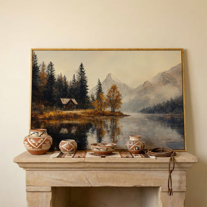 Autumn Lake with Mountain Vista Canvas in white oak floating frame