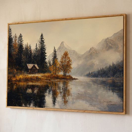 Autumn Lake with Mountain Vista Canvas shown in white oak floating frame