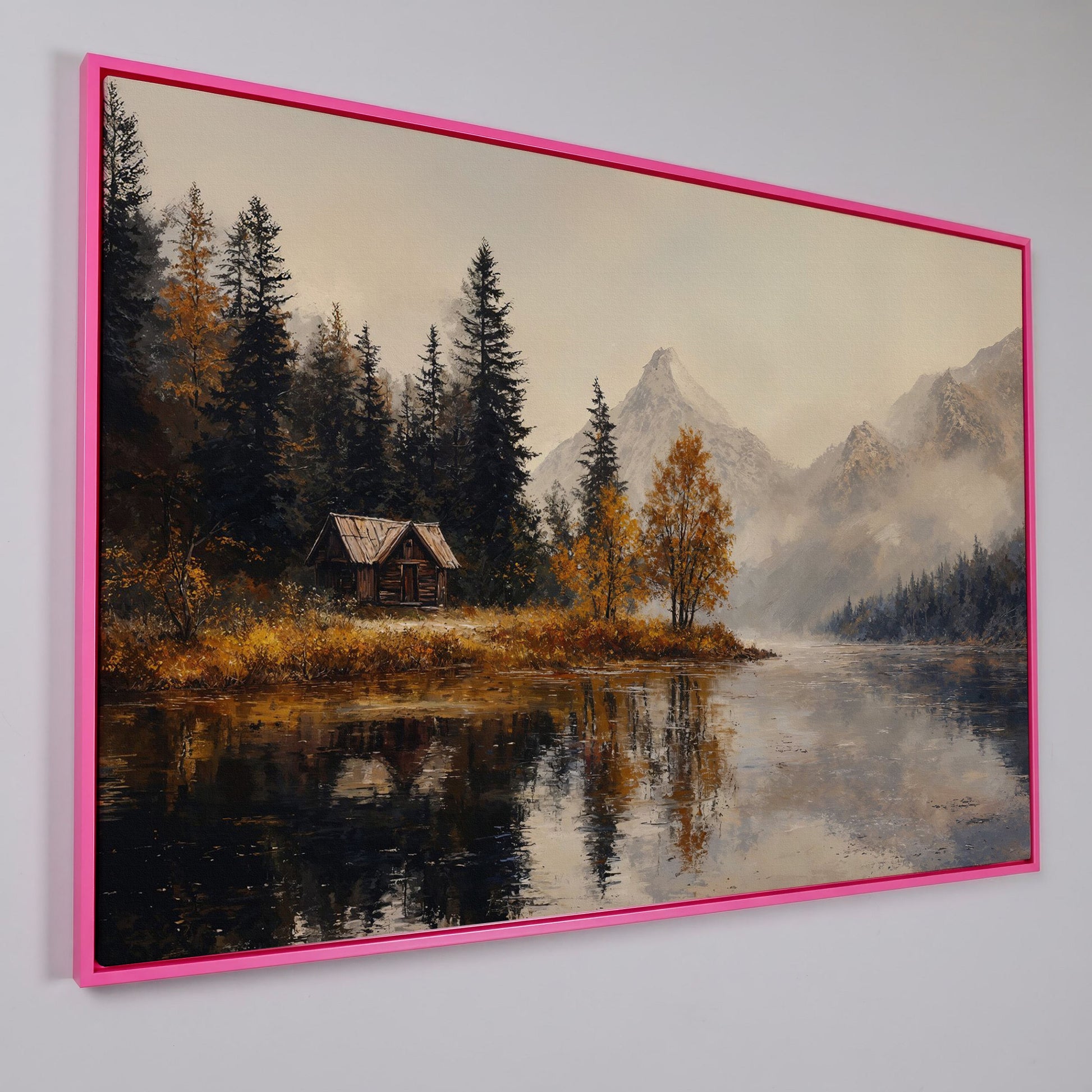 Autumn Lake with Mountain Vista Canvas in pink floating frame
