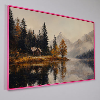 Autumn Lake with Mountain Vista Canvas in pink floating frame