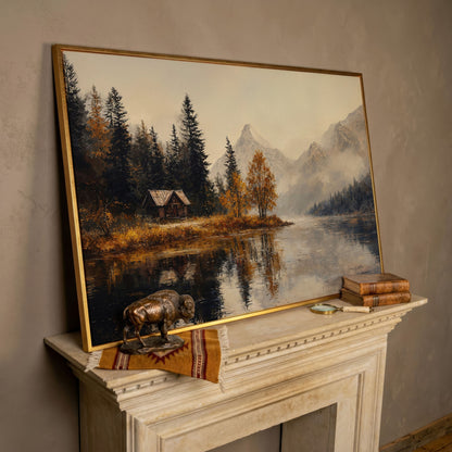 Autumn Lake with Mountain Vista Canvas in rose gold floating frame