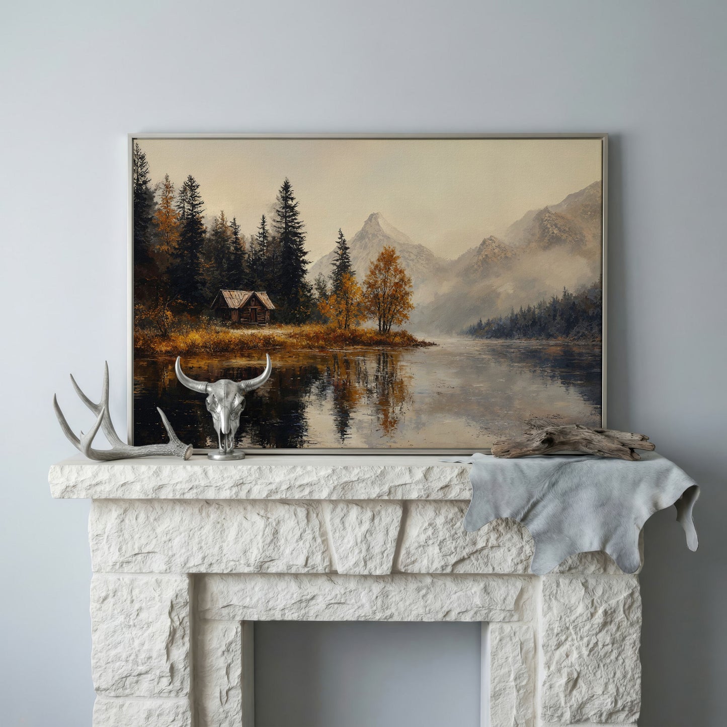 Autumn Lake with Mountain Vista Canvas in silver floating frame