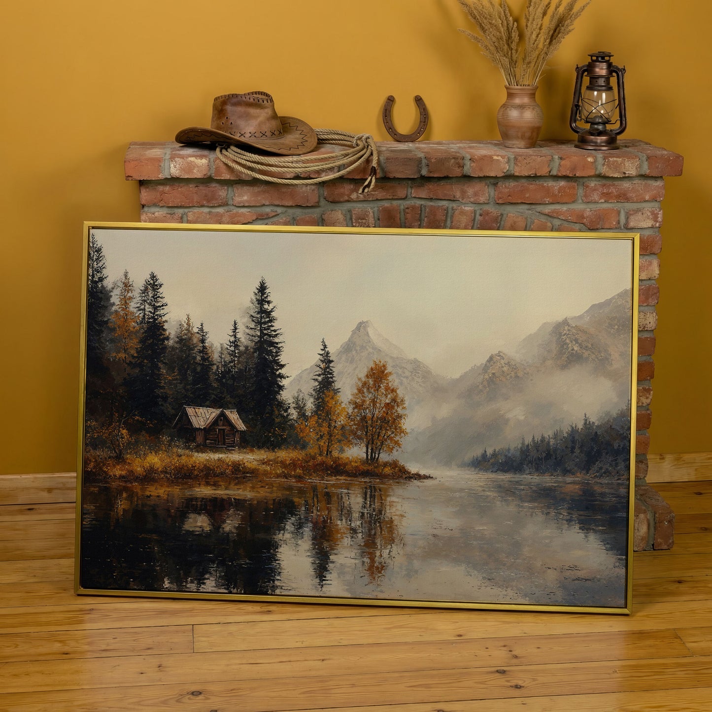 Autumn Lake with Mountain Vista Canvas in yellow gold floating frame
