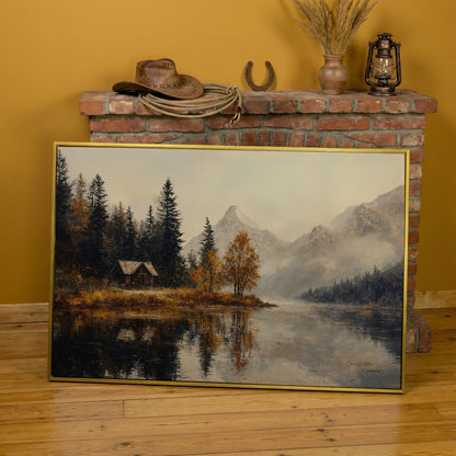 Autumn Lake with Mountain Vista Canvas in yellow gold floating frame
