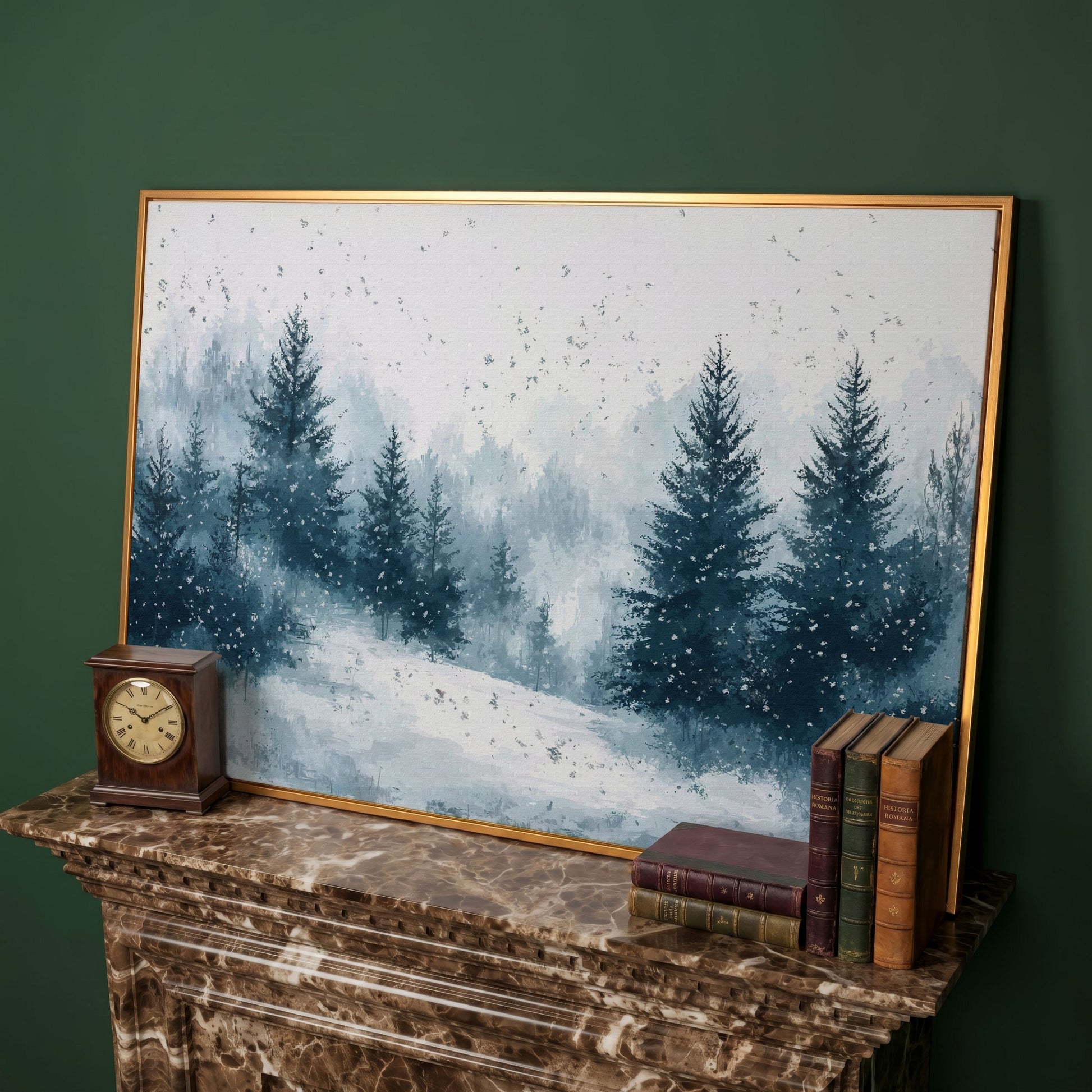 Serene Winter Forest Snow Landscape Canvas in antique gold floating frame
