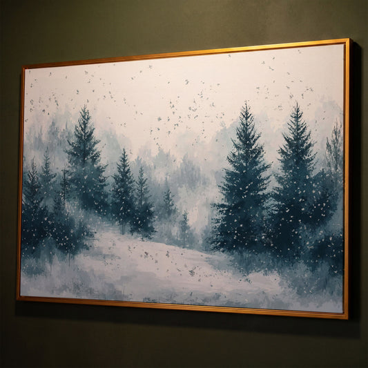 Serene Winter Forest Snow Landscape Canvas shown in antique gold floating frame