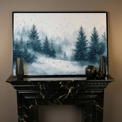 Serene Winter Forest Snow Landscape Canvas in black floating frame