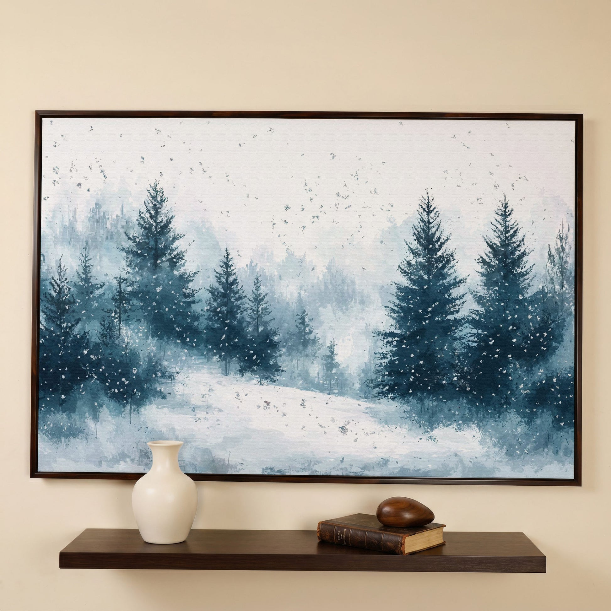 Serene Winter Forest Snow Landscape Canvas in dark walnut floating frame