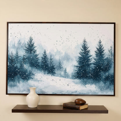 Serene Winter Forest Snow Landscape Canvas in dark walnut floating frame