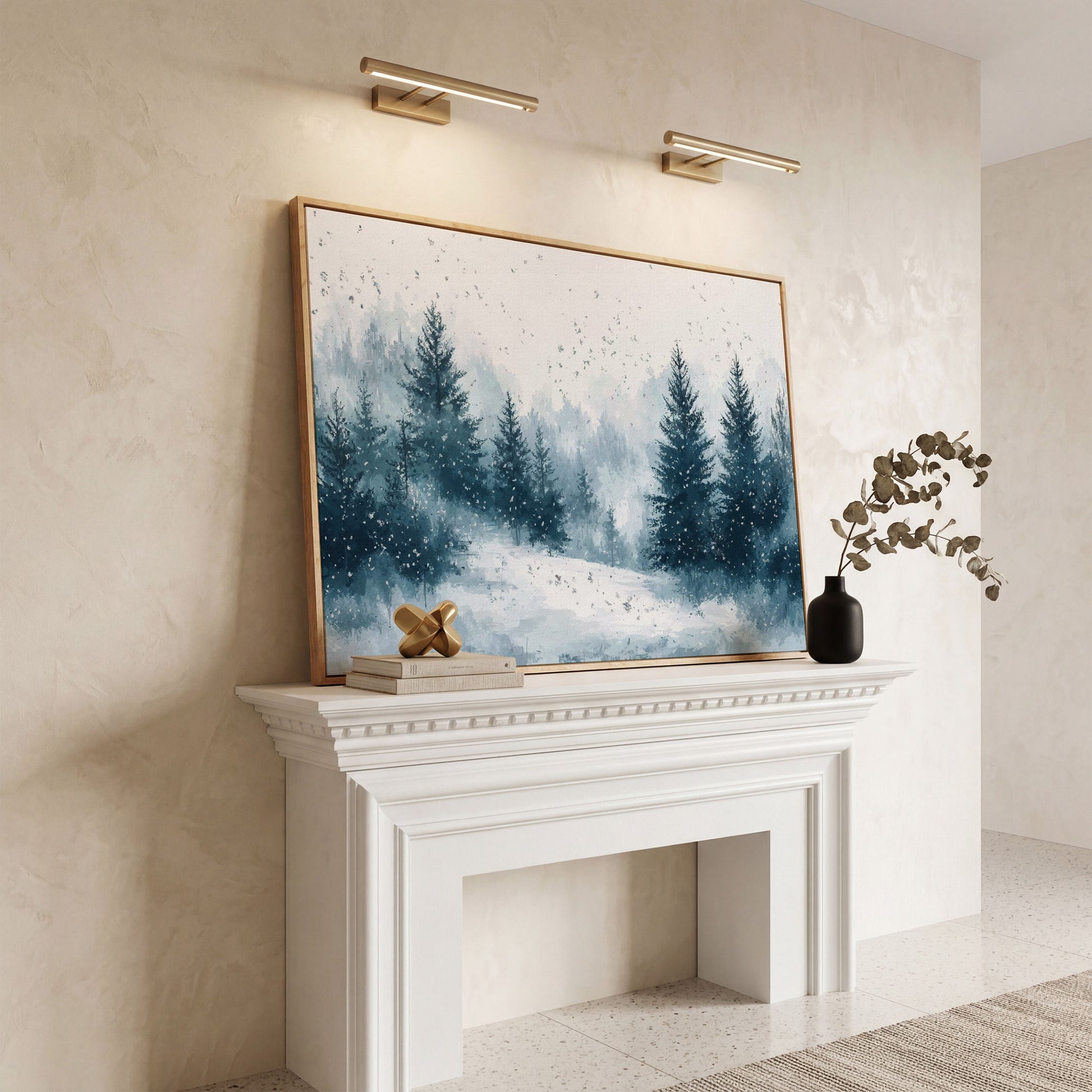 Serene Winter Forest Snow Landscape Canvas in white oak floating frame