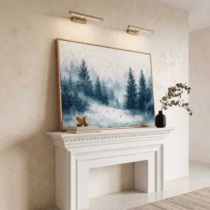 Serene Winter Forest Snow Landscape Canvas in white oak floating frame