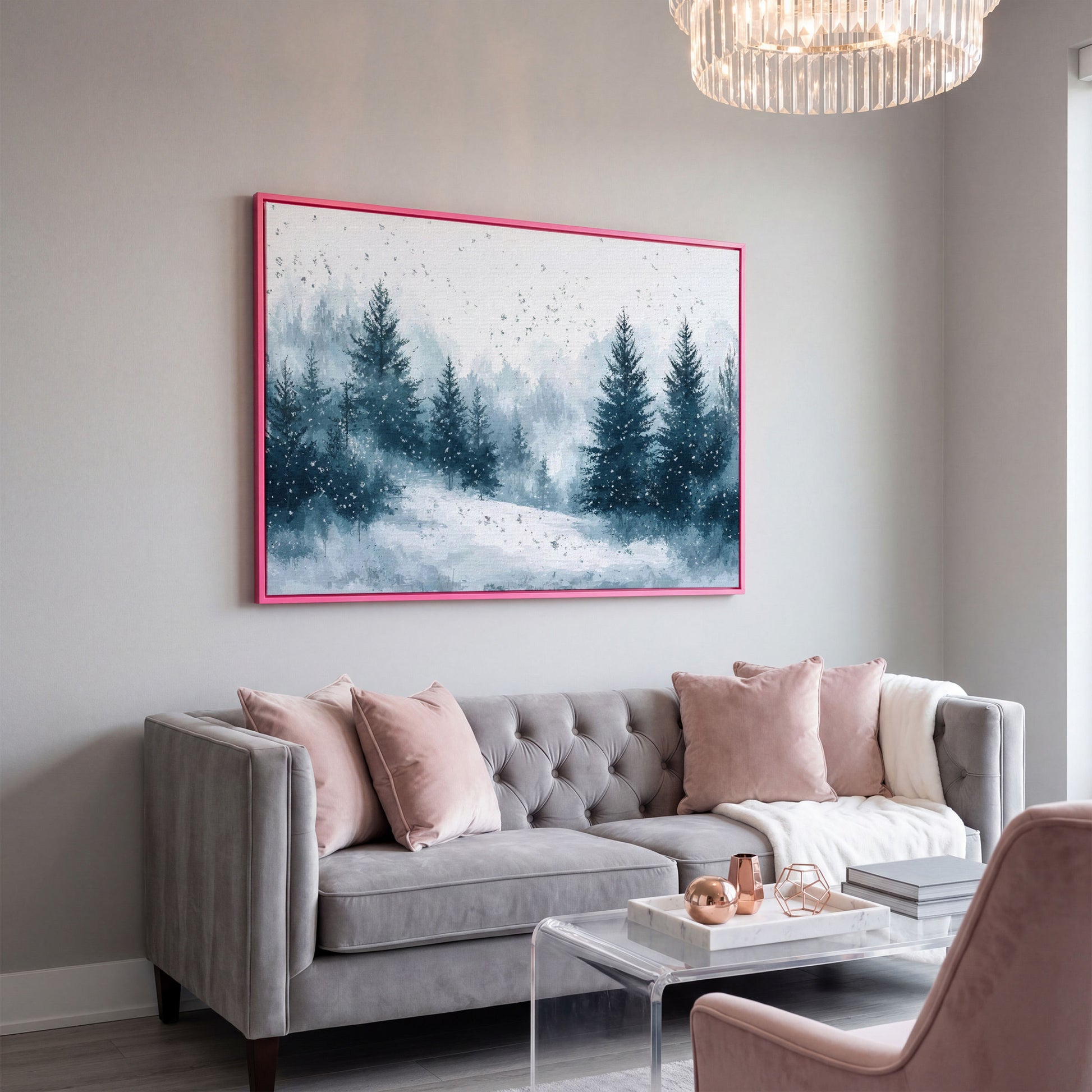 Serene Winter Forest Snow Landscape Canvas in pink floating frame