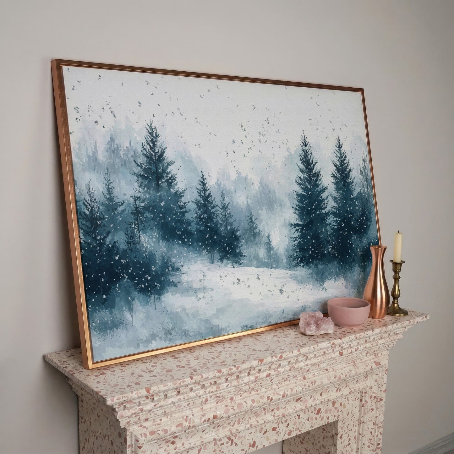 Serene Winter Forest Snow Landscape Canvas in rose gold floating frame