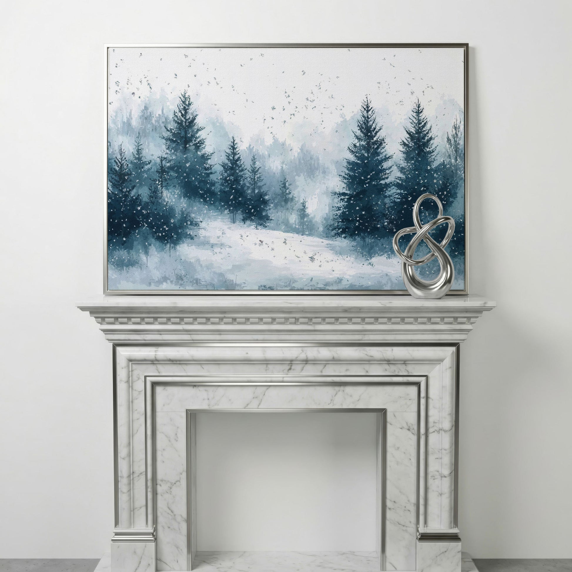 Serene Winter Forest Snow Landscape Canvas in silver floating frame