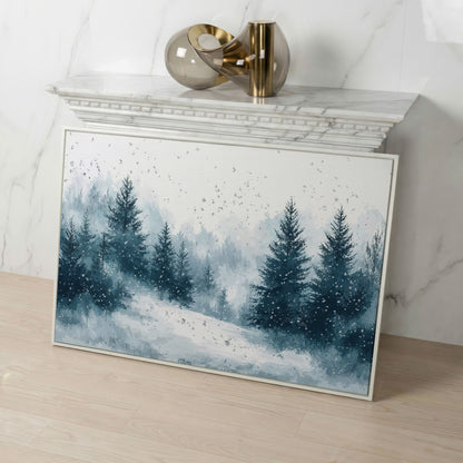 Serene Winter Forest Snow Landscape Canvas in white floating frame