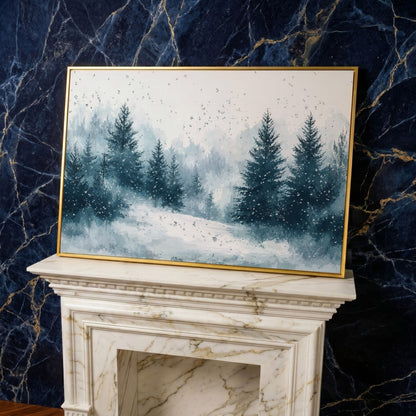 Serene Winter Forest Snow Landscape Canvas in yellow gold floating frame