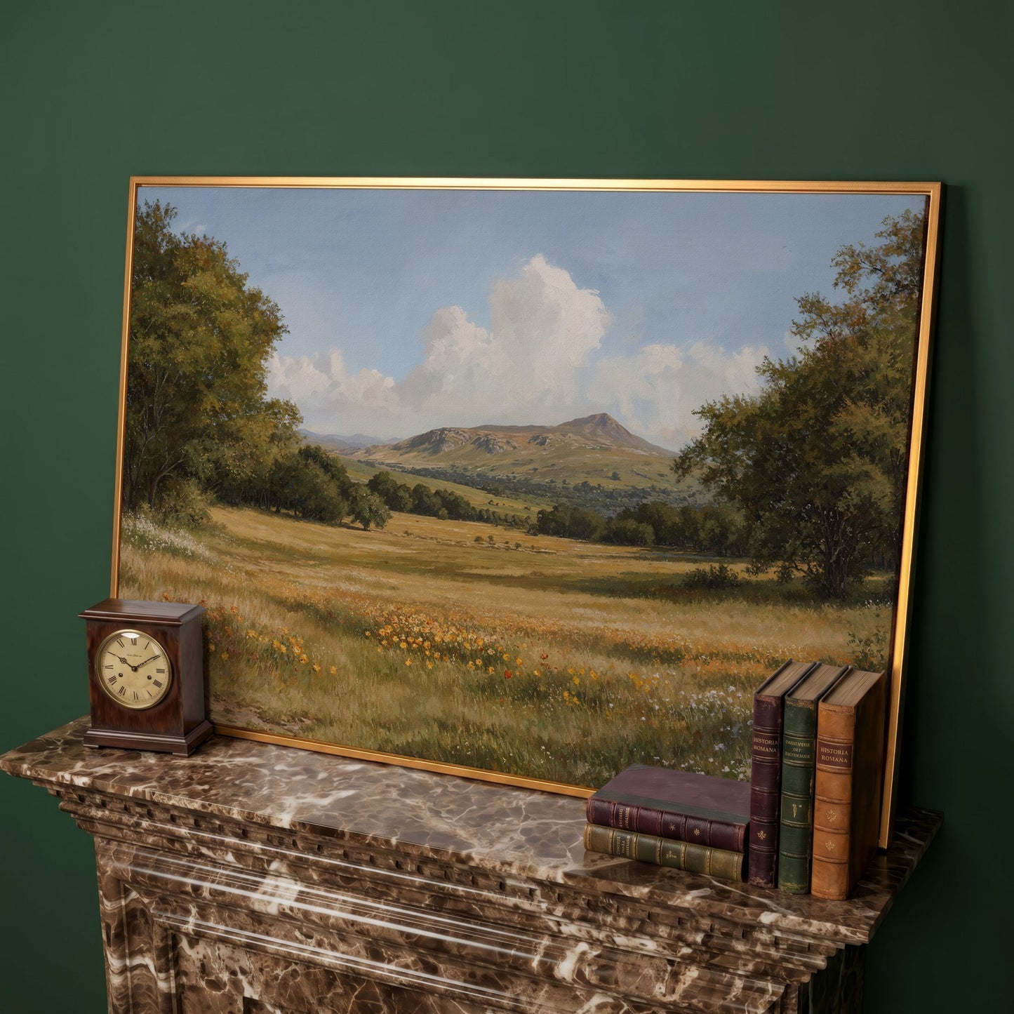 Mountain Meadow Landscape Canvas Print in antique gold floating frame