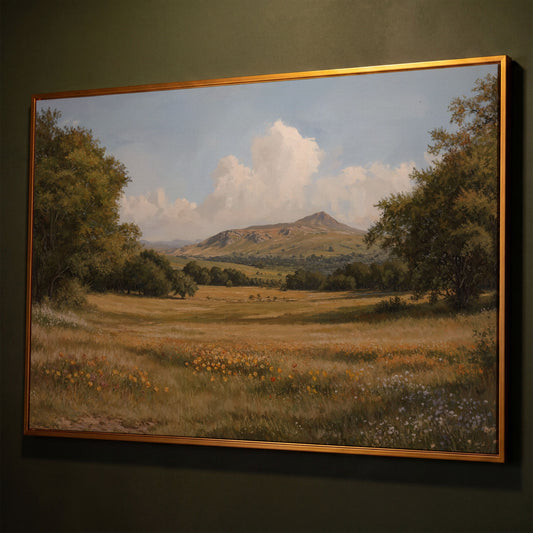 Mountain Meadow Landscape Canvas Print shown in antique gold floating frame