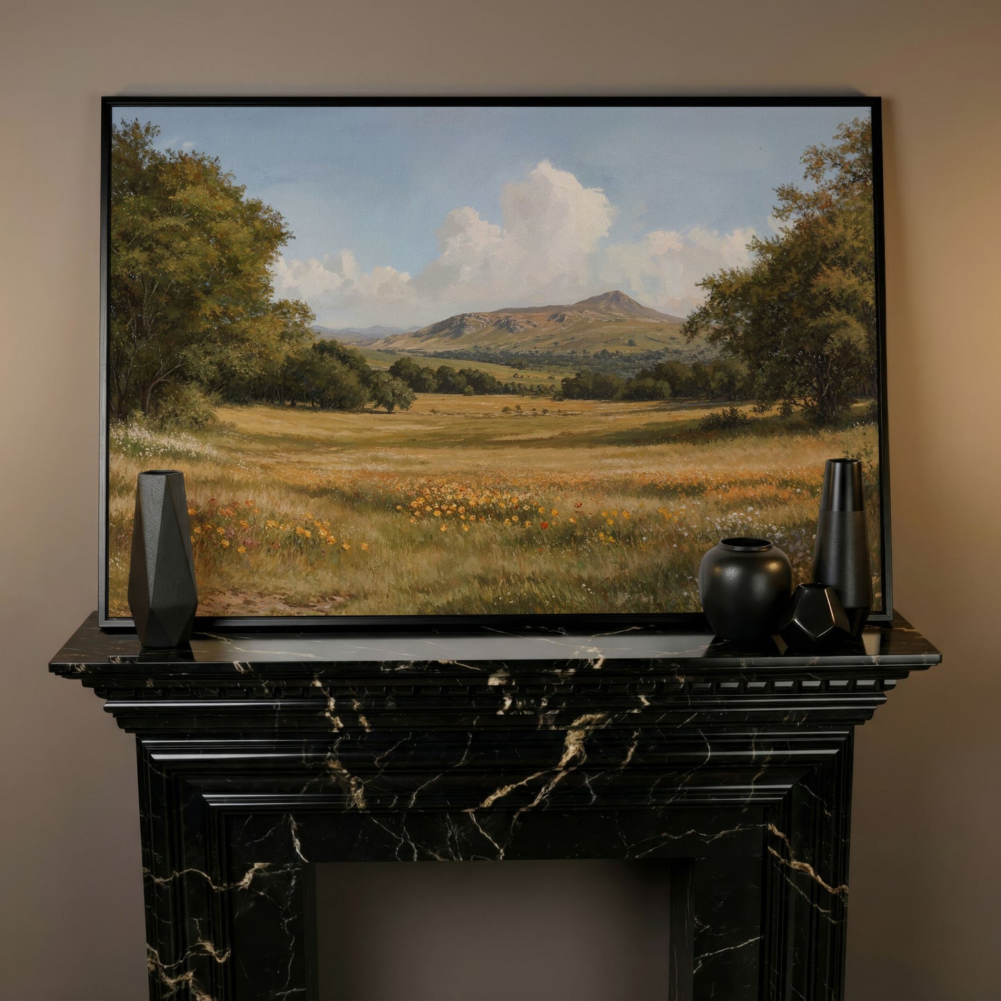 Mountain Meadow Landscape Canvas Print in black floating frame