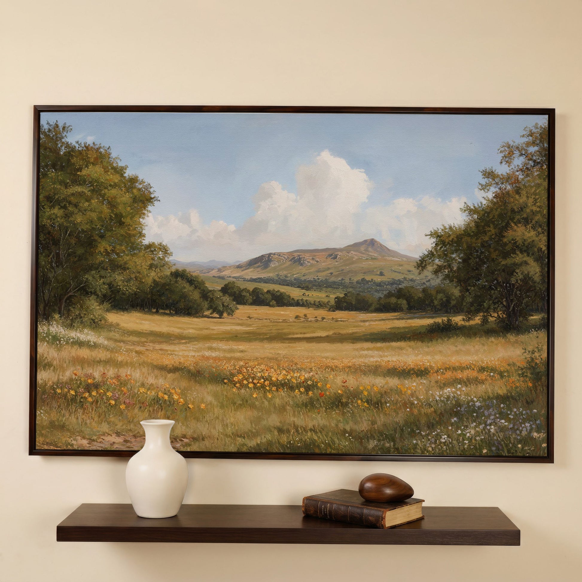 Mountain Meadow Landscape Canvas Print in dark walnut floating frame