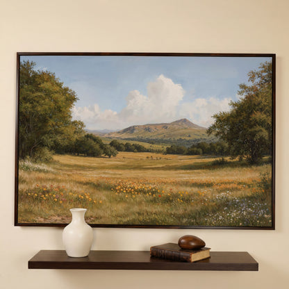Mountain Meadow Landscape Canvas Print in dark walnut floating frame