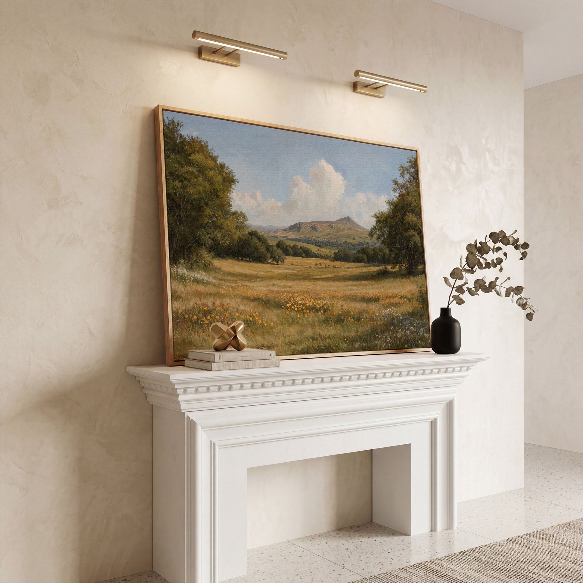 Mountain Meadow Landscape Canvas Print in white oak floating frame