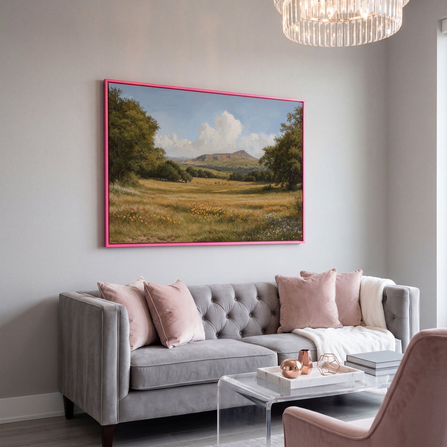 Mountain Meadow Landscape Canvas Print in pink floating frame