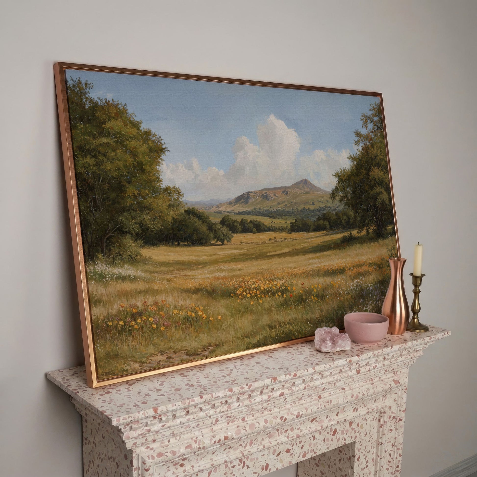 Mountain Meadow Landscape Canvas Print in rose gold floating frame