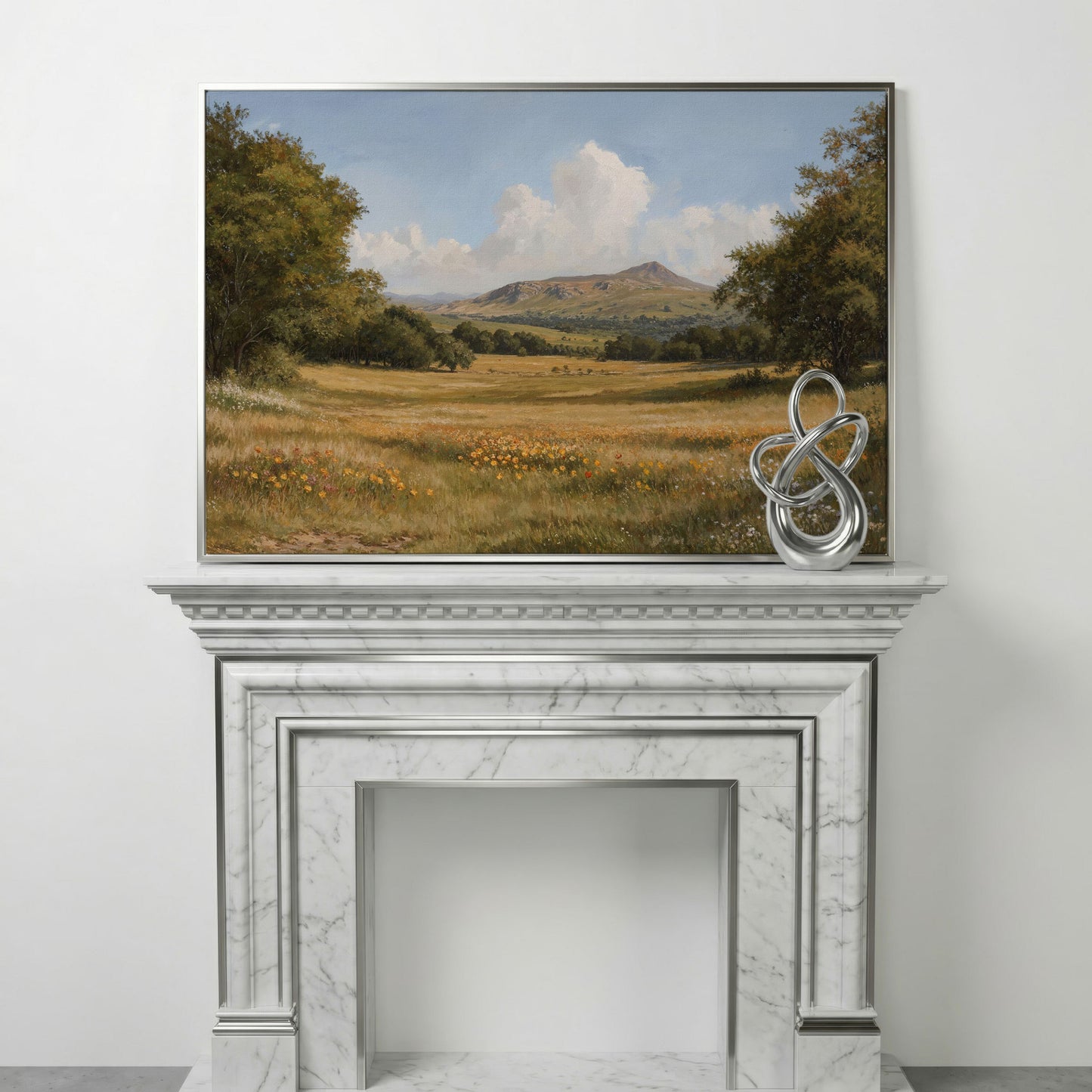 Mountain Meadow Landscape Canvas Print in silver floating frame