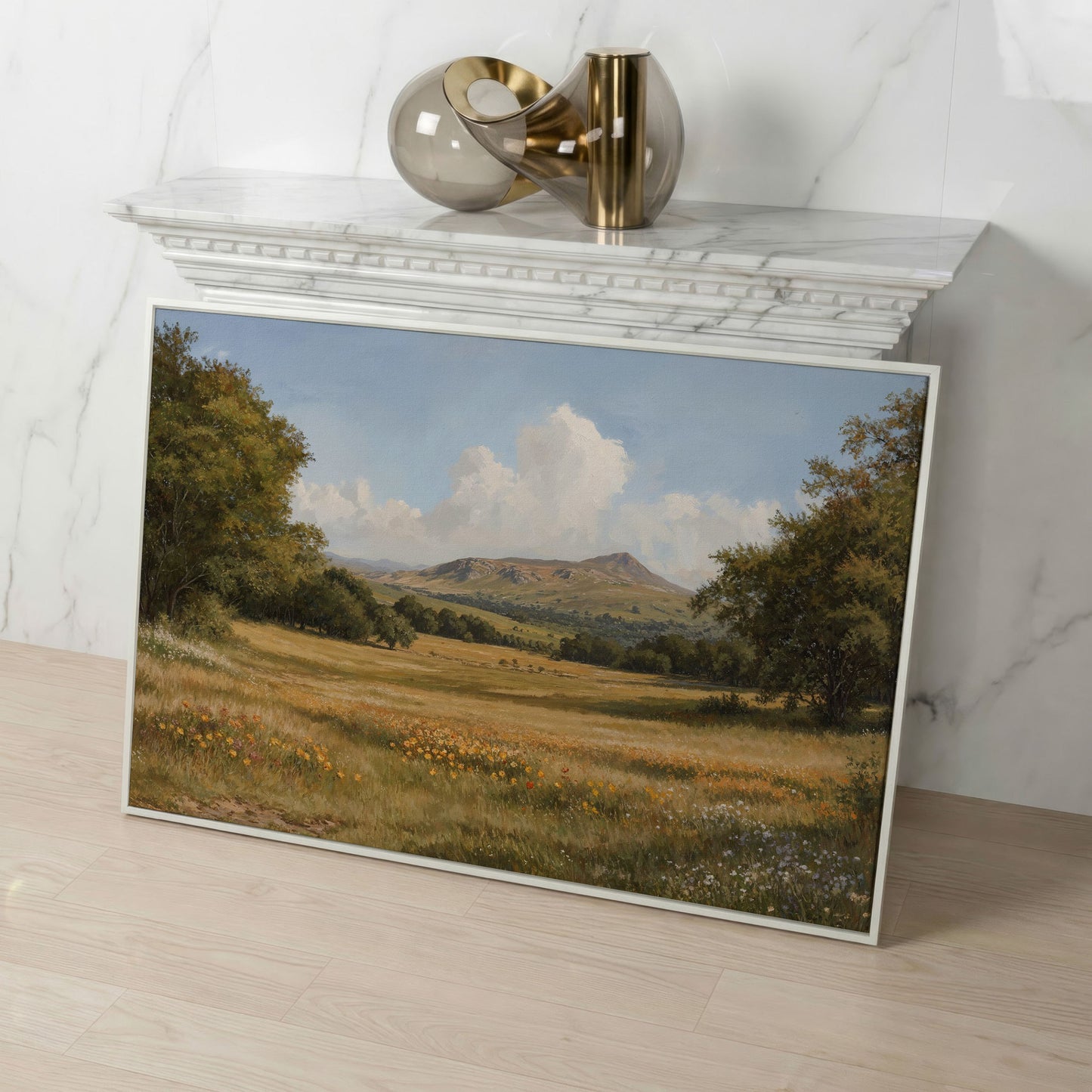 Mountain Meadow Landscape Canvas Print in white floating frame