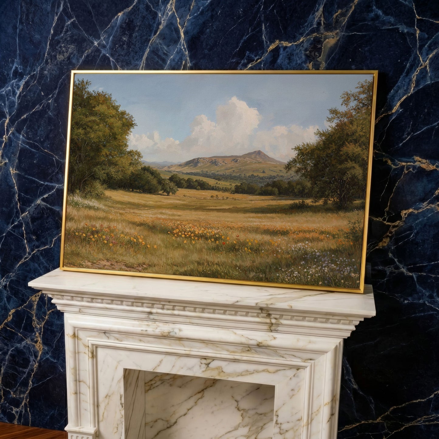 Mountain Meadow Landscape Canvas Print in yellow gold floating frame