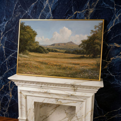 Mountain Meadow Landscape Canvas Print in yellow gold floating frame
