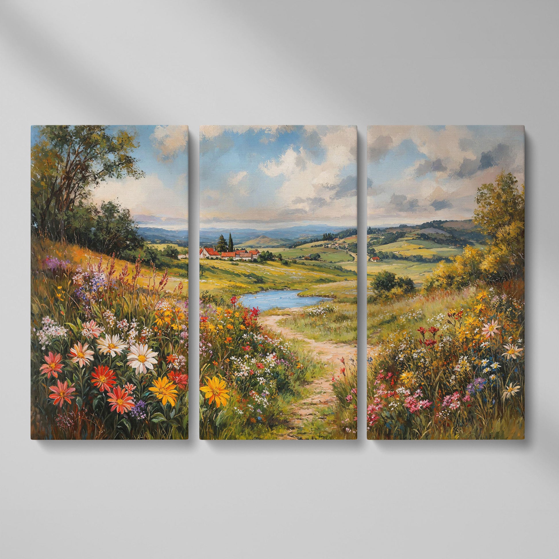 Wildflower Meadow & Village Landscape Canvas as 3-panel split version