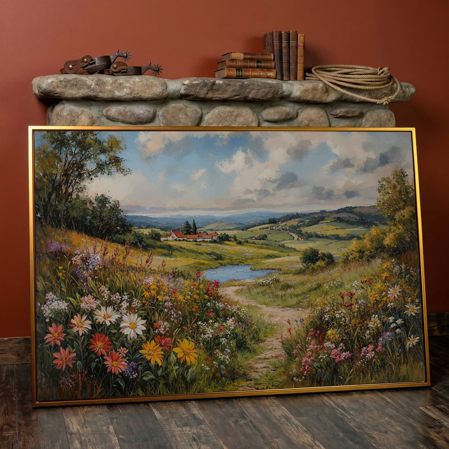 Wildflower Meadow & Village Landscape Canvas in antique gold floating frame