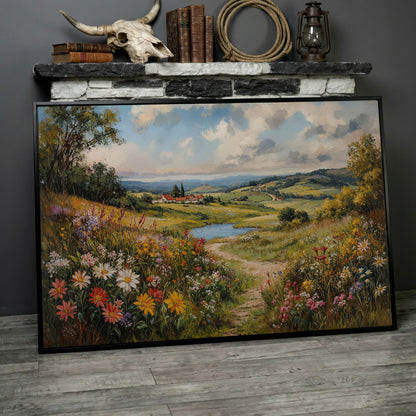 Wildflower Meadow & Village Landscape Canvas in black floating frame