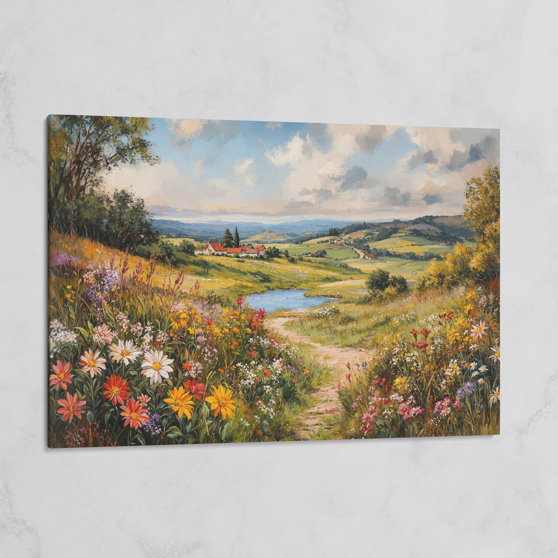 Wildflower Meadow & Village Landscape Canvas on gallery wrap