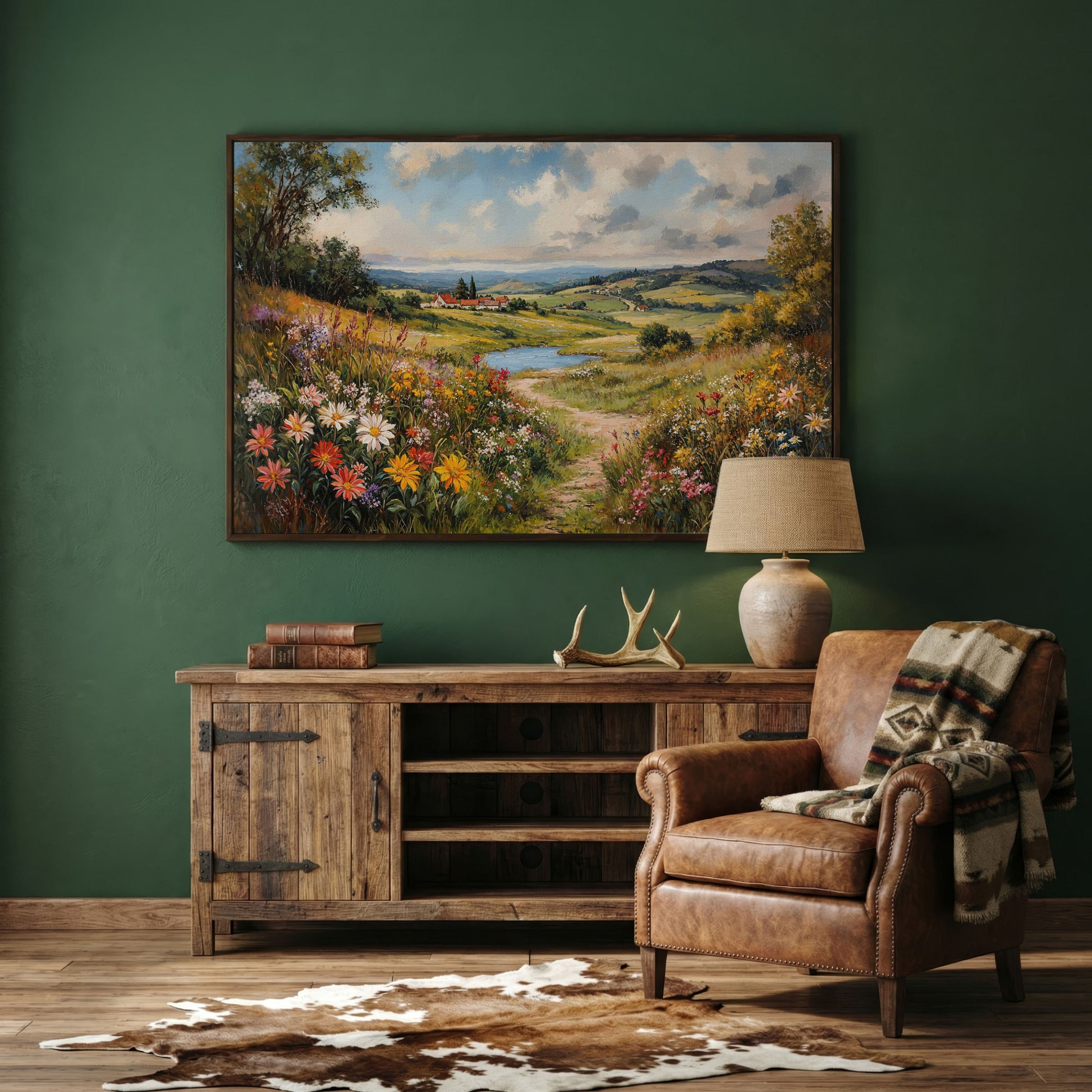 Wildflower Meadow & Village Landscape Canvas in dark walnut floating frame