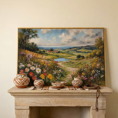 Wildflower Meadow & Village Landscape Canvas in white oak floating frame