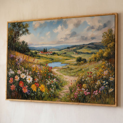 Wildflower Meadow & Village Landscape Canvas shown in white oak floating frame