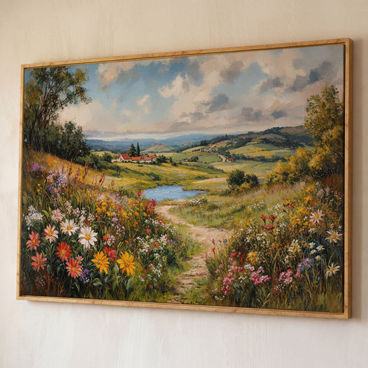 Wildflower Meadow & Village Landscape Canvas shown in white oak floating frame