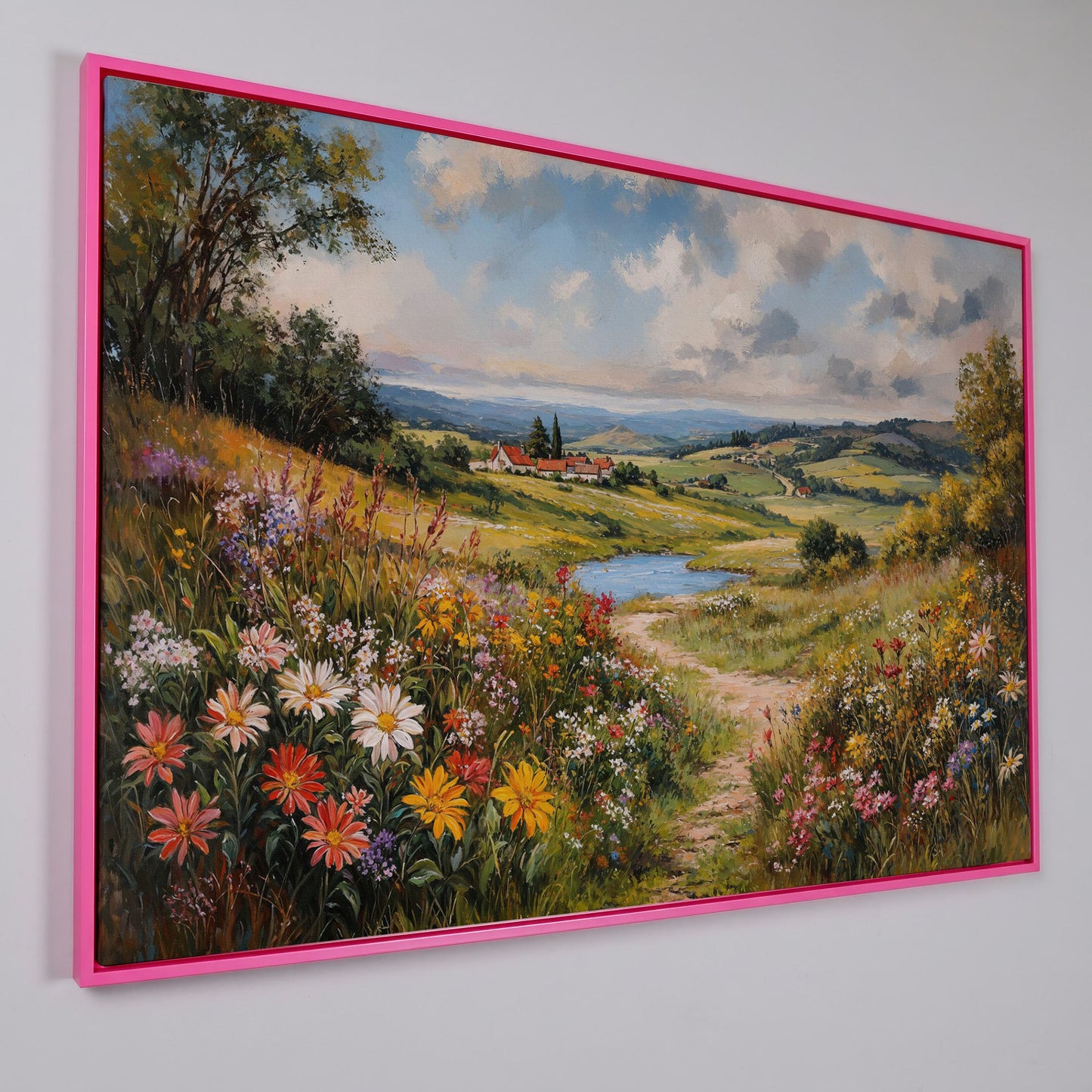 Wildflower Meadow & Village Landscape Canvas in pink floating frame